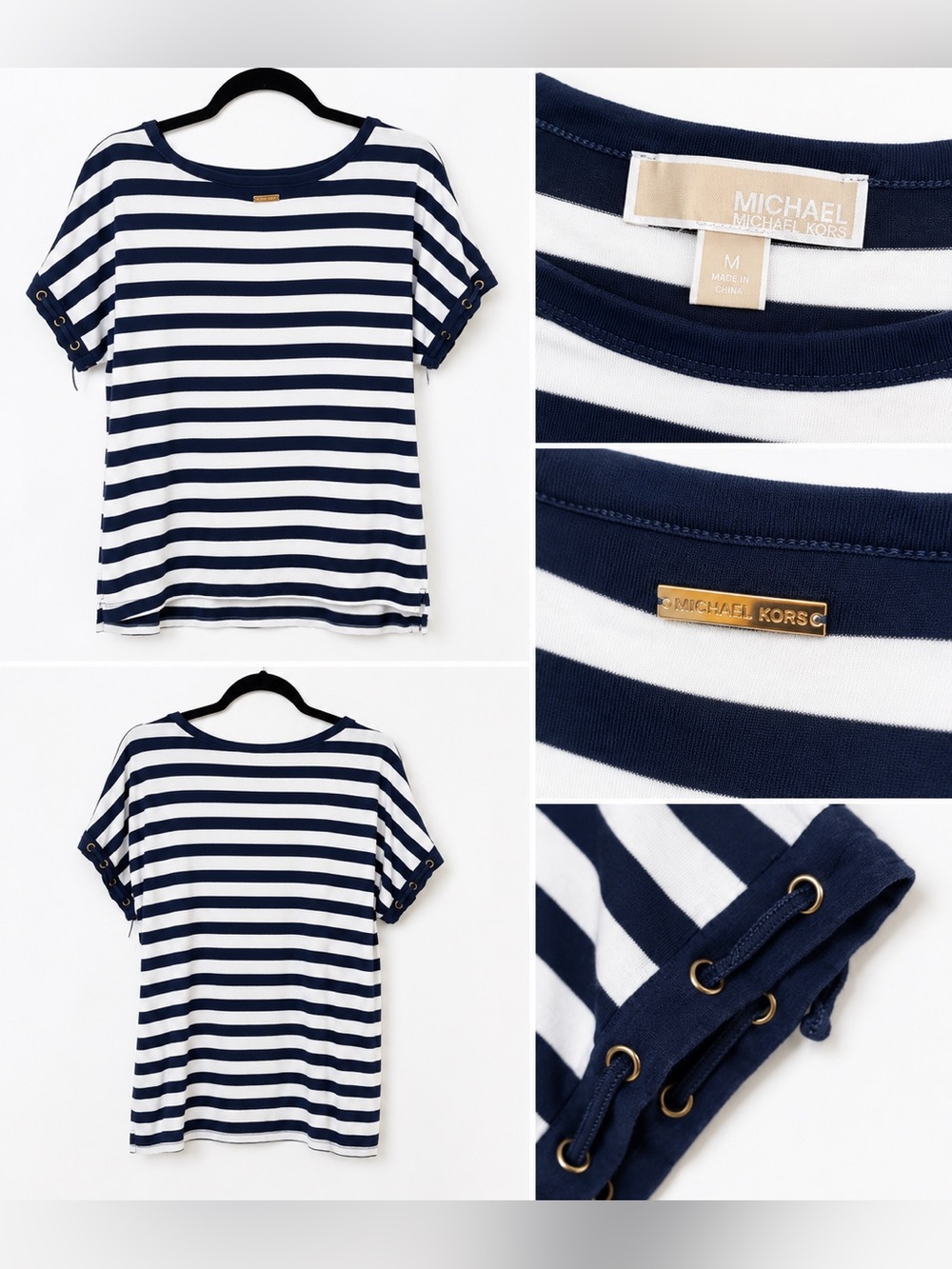 Michael Kors Navy & White Striped Top | Lace-Up Sleeve Detail | Medium